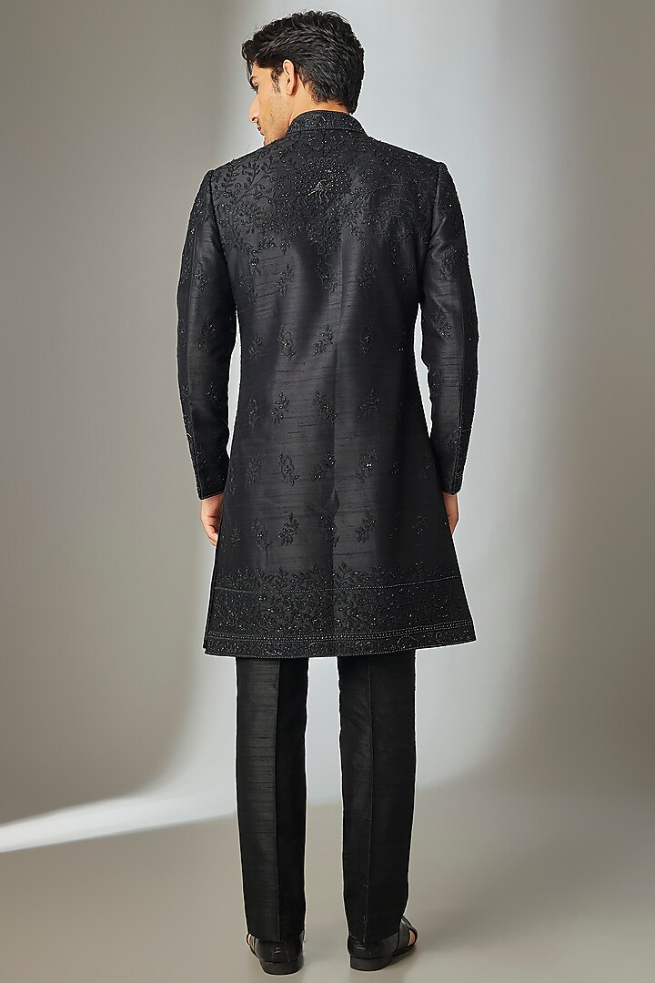 Black Raw Silk Hand Embroidered Indo Western Set by SALIL BHATIA at Pernia's Pop Up Shop