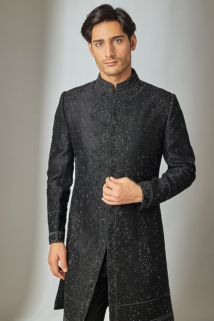 Black Raw Silk Hand Embroidered Indo Western Set by SALIL BHATIA at Pernia's Pop Up Shop