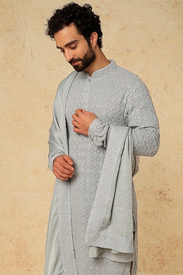 Greyish-Green Georgette Embellished Kurta Set by SALIL BHATIA at Pernia's Pop Up Shop