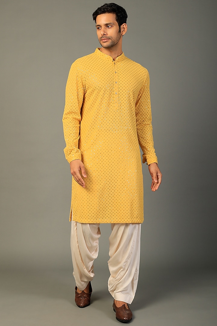 Pastel Yellow Georgette Embellished Kurta Set by SALIL BHATIA at Pernia's Pop Up Shop