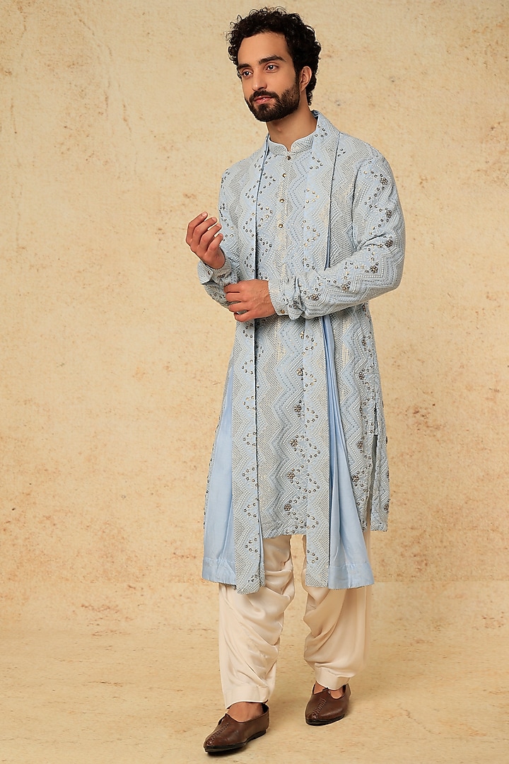 Ice Blue Georgette Embellished Kurta Set by SALIL BHATIA