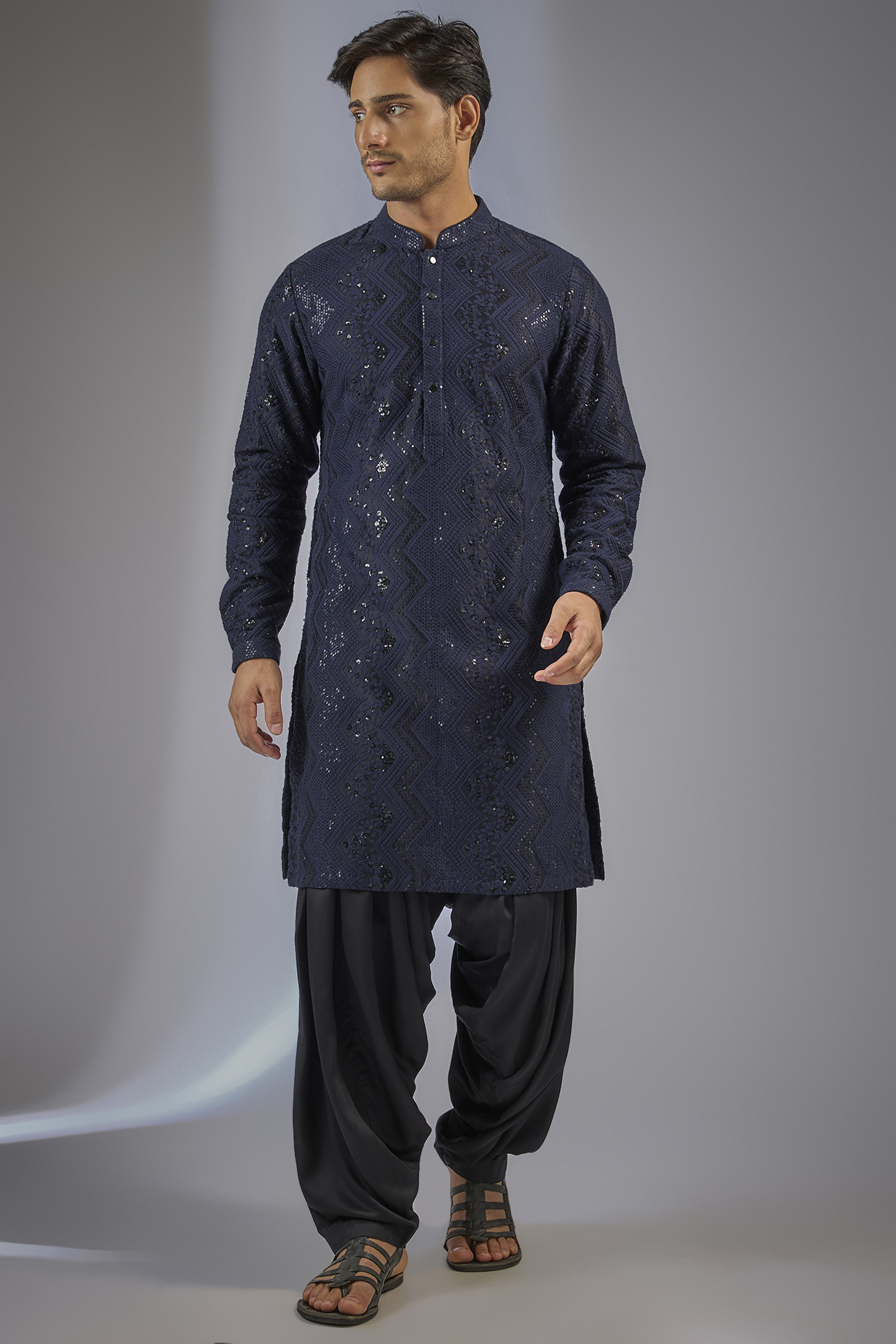 Dark Blue Dola Silk Sequins Embellished Kurta Set by SALIL BHATIA