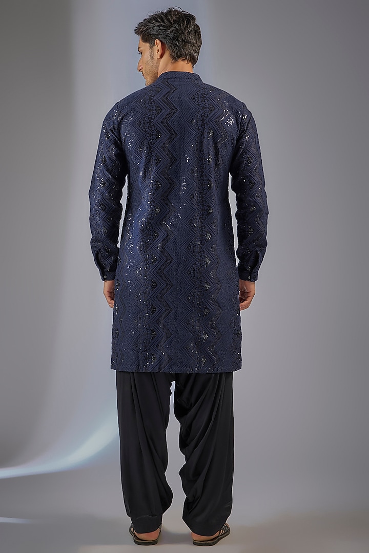 Dark Blue Dola Silk Sequins Embellished Kurta Set by SALIL BHATIA at Pernia's Pop Up Shop