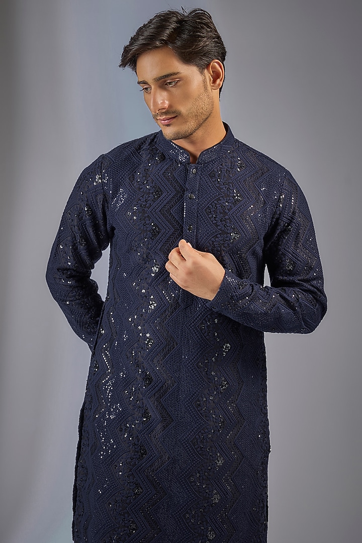 Dark Blue Dola Silk Sequins Embellished Kurta Set by SALIL BHATIA at Pernia's Pop Up Shop
