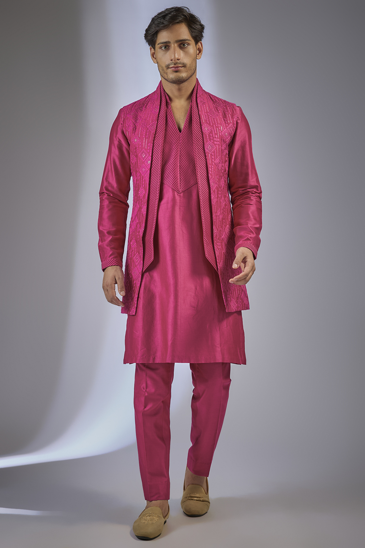 Pink Dola Silk Sequins Embellished Indowestern Set by SALIL BHATIA