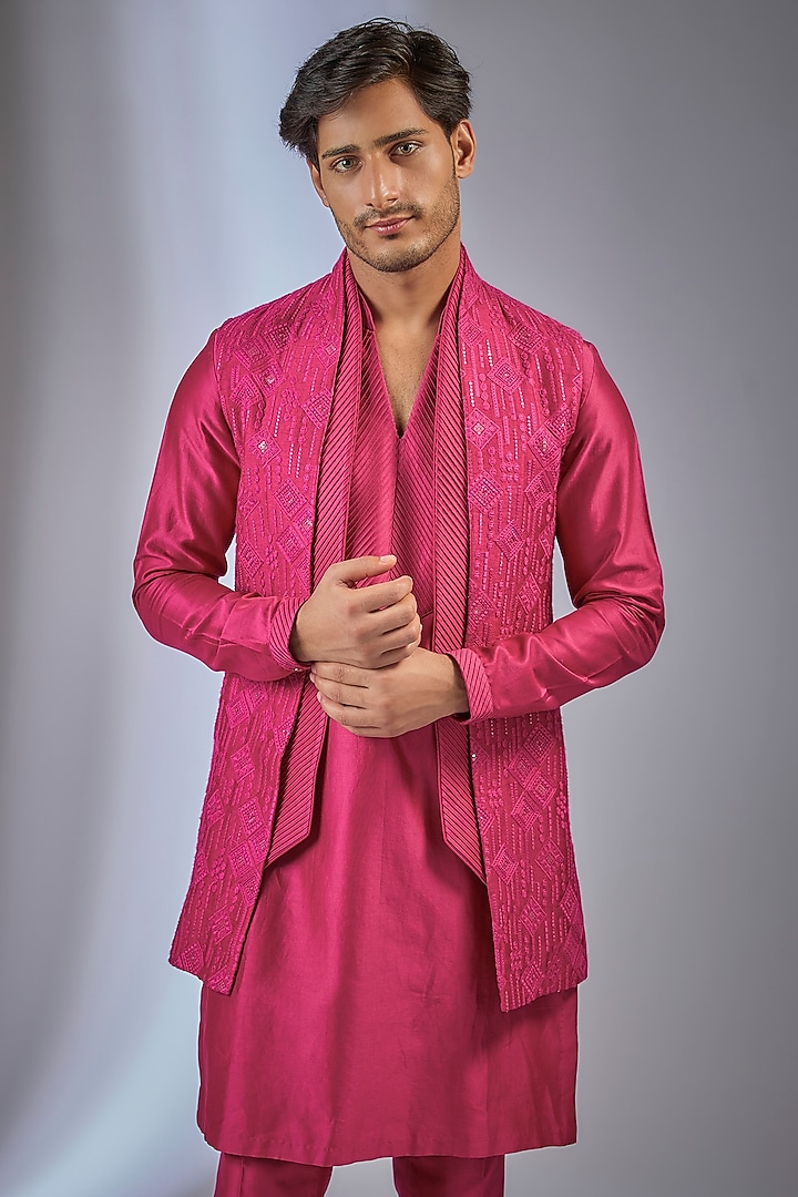 Pink Dola Silk Sequins Embellished Wedding Indowestern Set by SALIL BHATIA at Pernia's Pop Up Shop