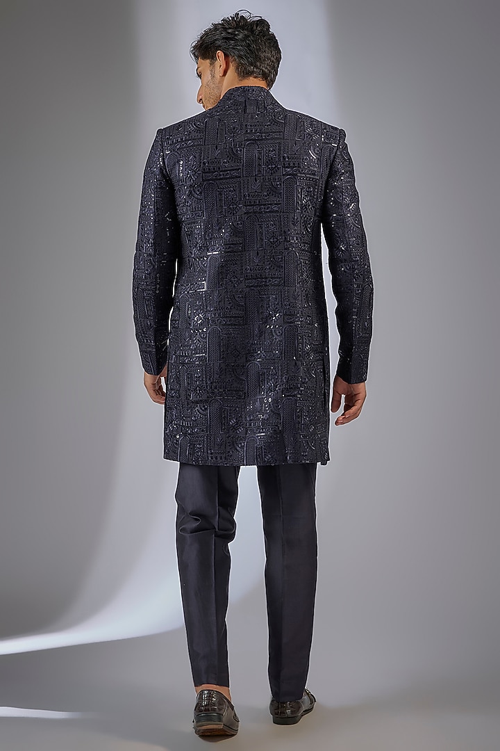 Navy Blue Dola Silk Sequins Embellished Wedding Indowestern Set by SALIL BHATIA at Pernia's Pop Up Shop