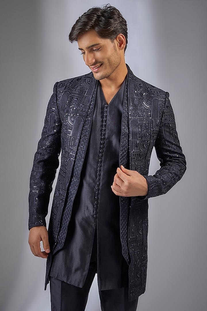 Navy Blue Dola Silk Sequins Embellished Wedding Indowestern Set by SALIL BHATIA at Pernia's Pop Up Shop
