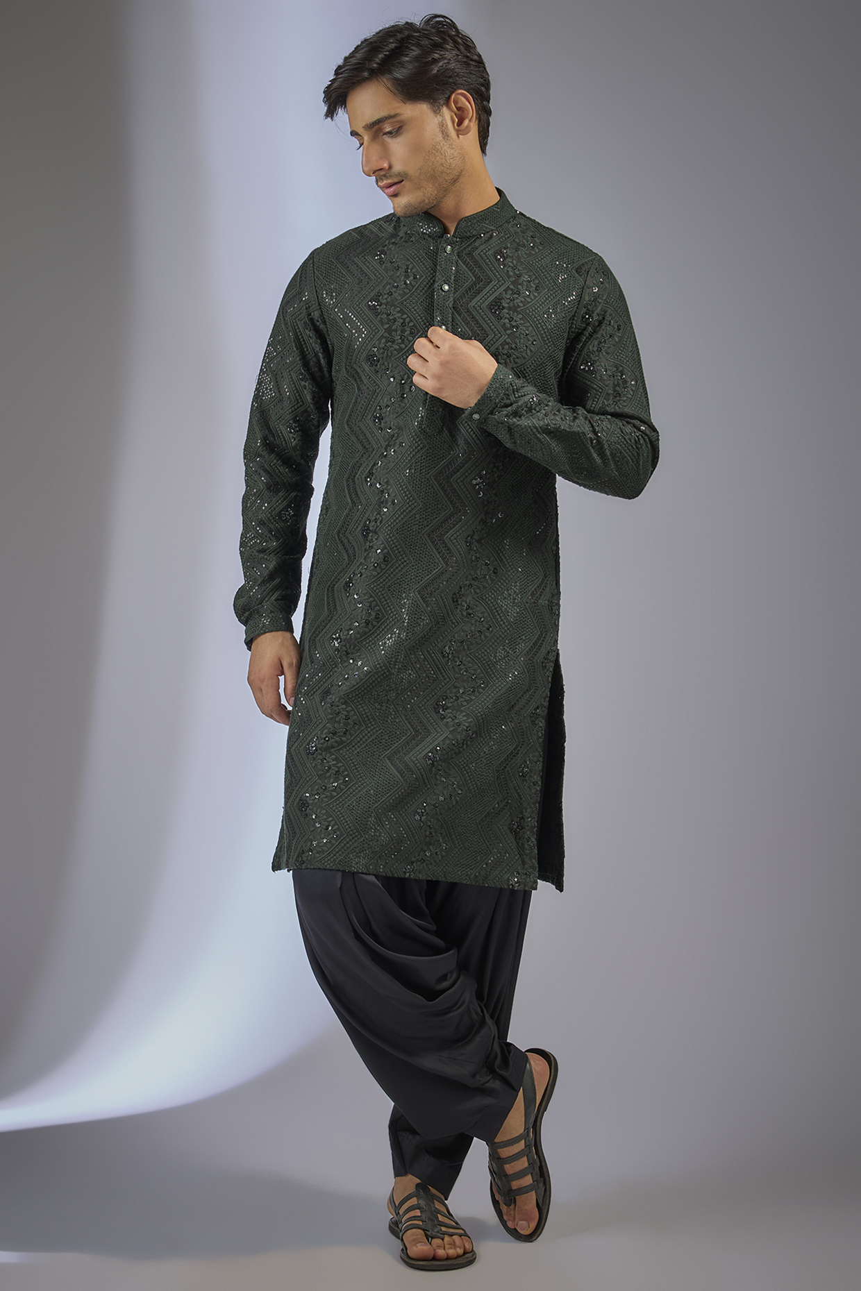 Dark Green Dola Silk Sequins Embellished Kurta Set by SALIL BHATIA