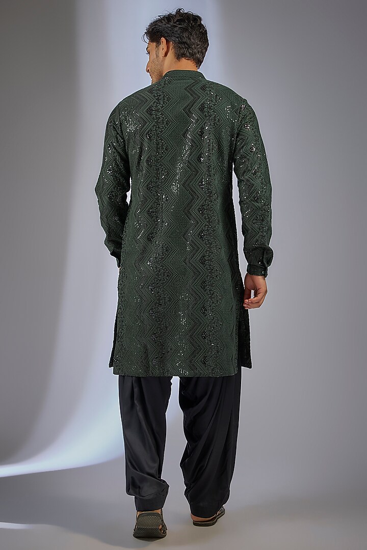 Dark Green Dola Silk Sequins Embellished Kurta Set by SALIL BHATIA at Pernia's Pop Up Shop