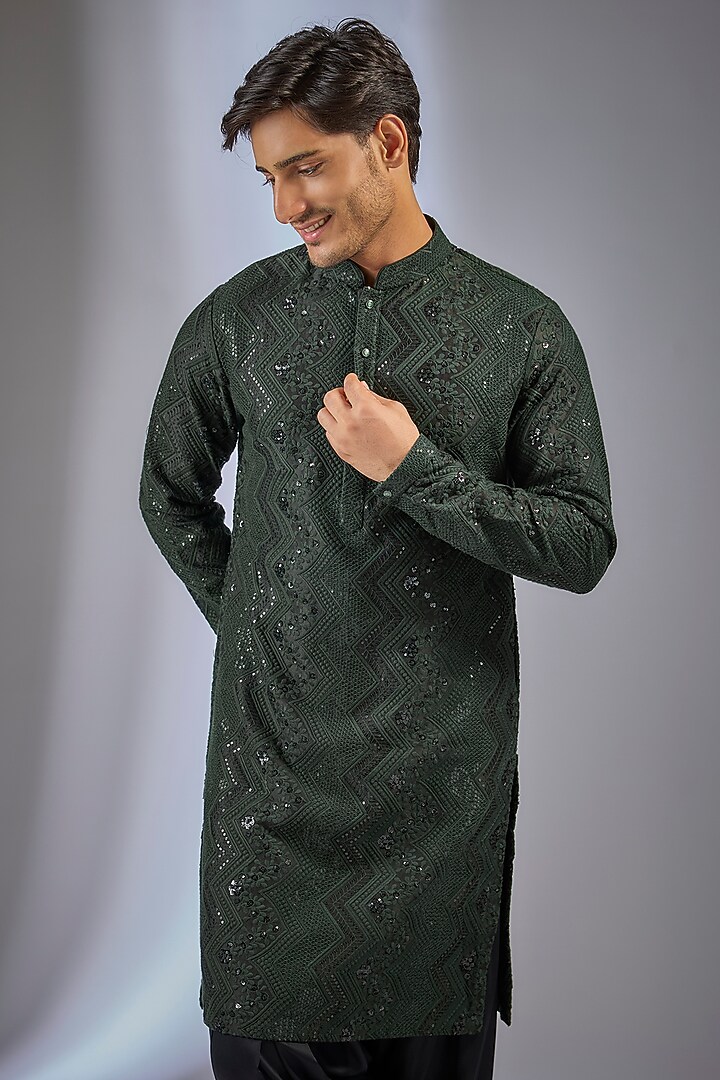 Dark Green Dola Silk Sequins Embellished Kurta Set by SALIL BHATIA at Pernia's Pop Up Shop