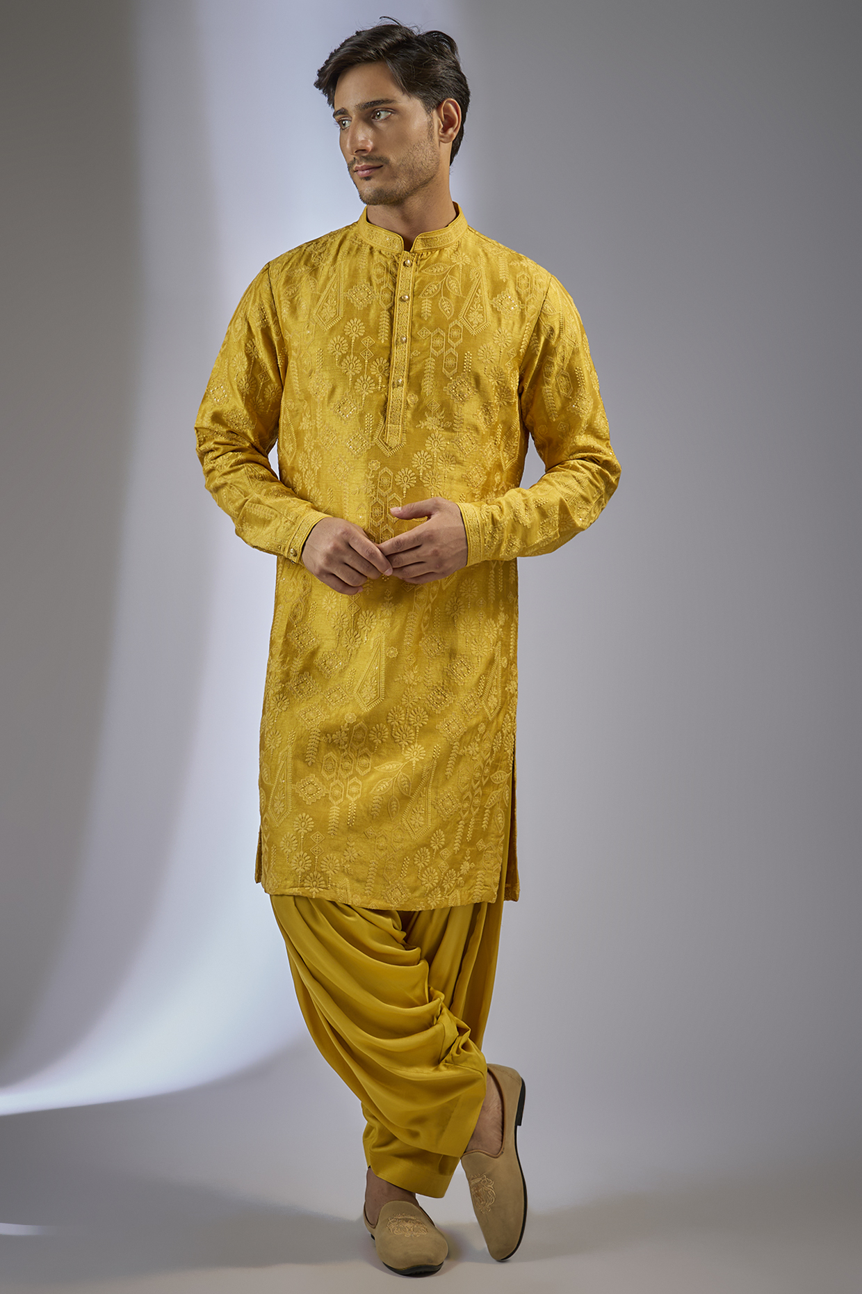 Mustard Yellow Dola Silk Sequins Embellished Kurta Set by SALIL BHATIA