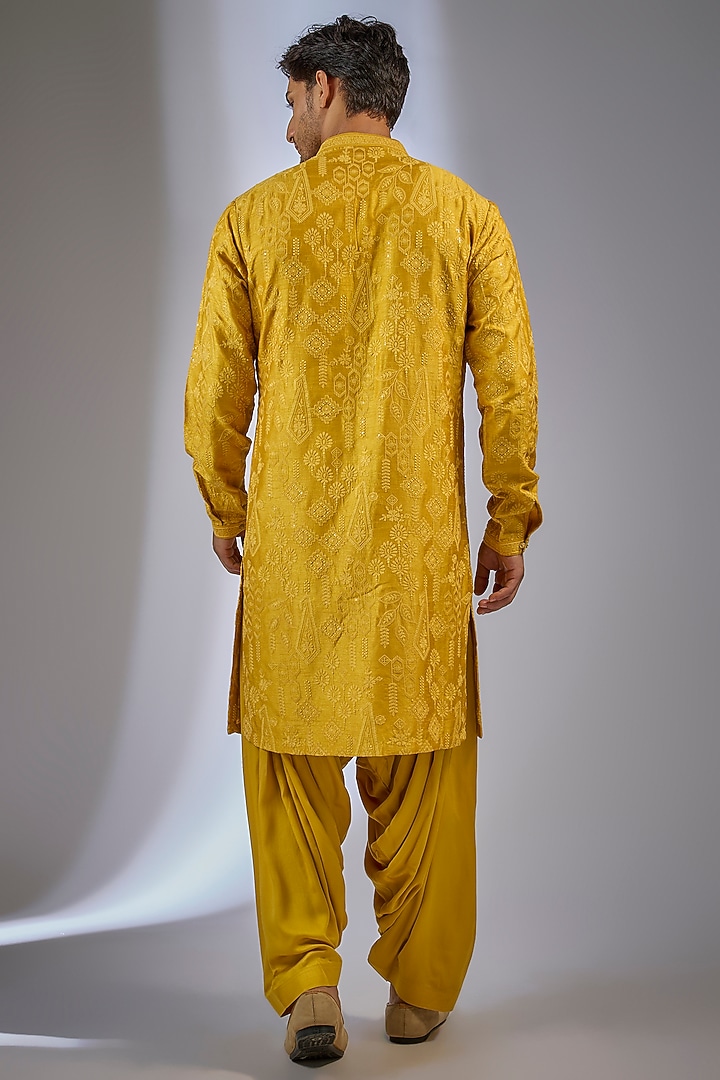 Mustard Yellow Dola Silk Sequins Embellished Kurta Set by SALIL BHATIA at Pernia's Pop Up Shop