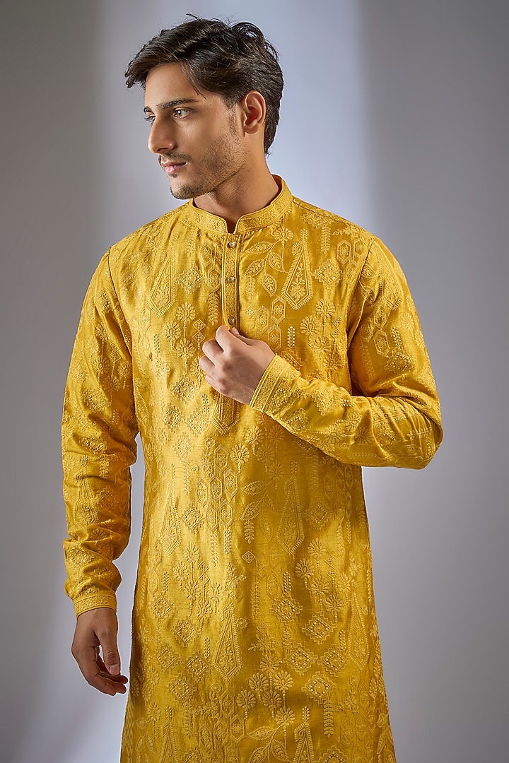 Mustard Yellow Dola Silk Sequins Embellished Kurta Set by SALIL BHATIA at Pernia's Pop Up Shop