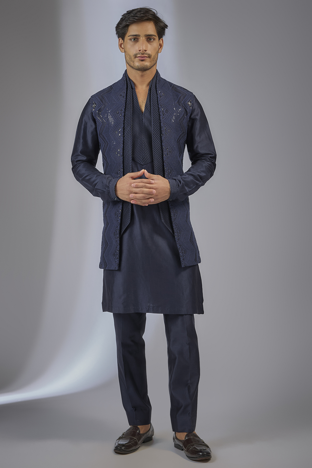 Dark Blue Dola Silk Sequins Embellished Indowestern Set by SALIL BHATIA