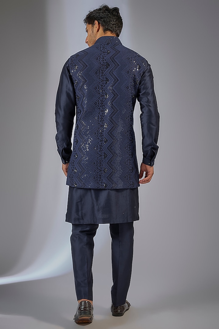 Dark Blue Dola Silk Sequins Embellished Wedding Indowestern Set by SALIL BHATIA at Pernia's Pop Up Shop