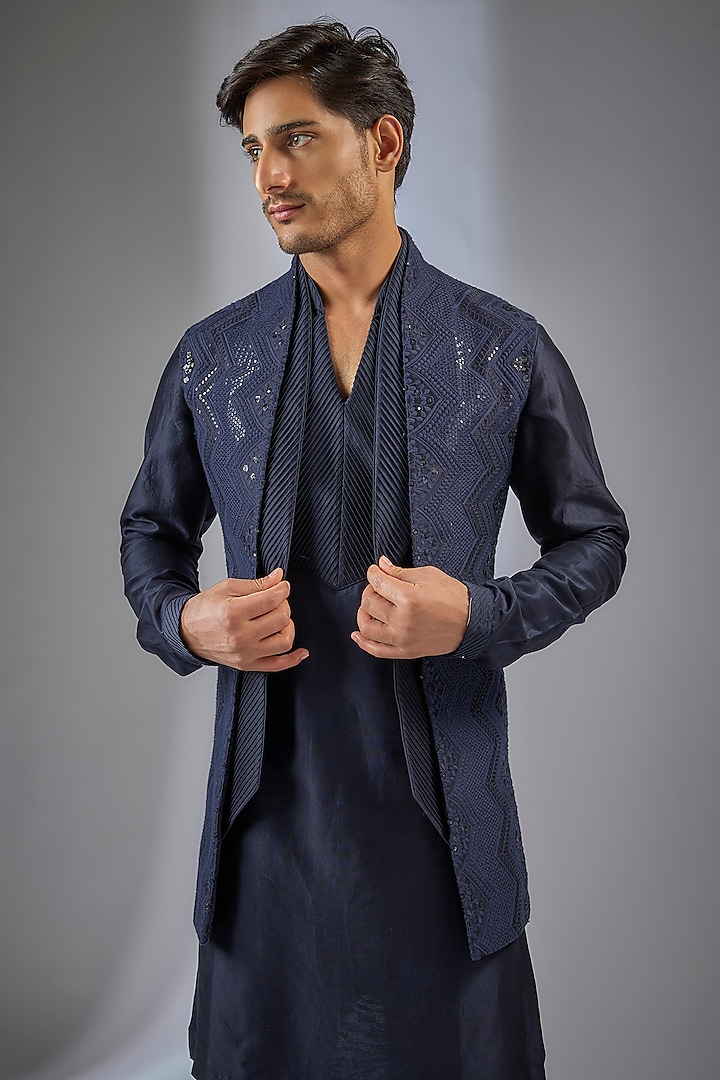 Dark Blue Dola Silk Sequins Embellished Wedding Indowestern Set by SALIL BHATIA at Pernia's Pop Up Shop