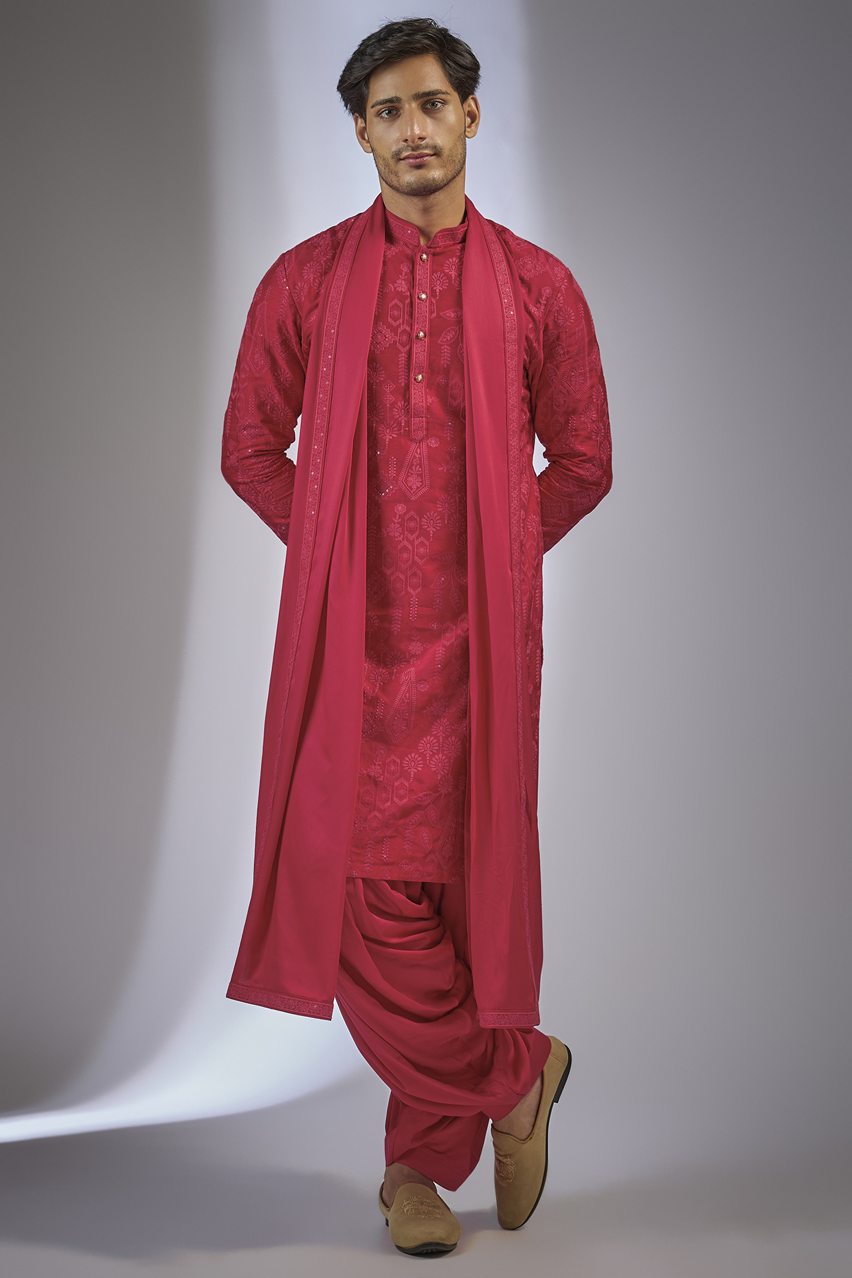 Red Dola Silk Sequins Embellished Kurta Set by SALIL BHATIA