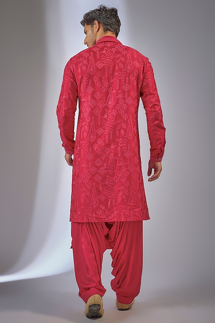 Red Dola Silk Sequins Embellished Kurta Set by SALIL BHATIA at Pernia's Pop Up Shop