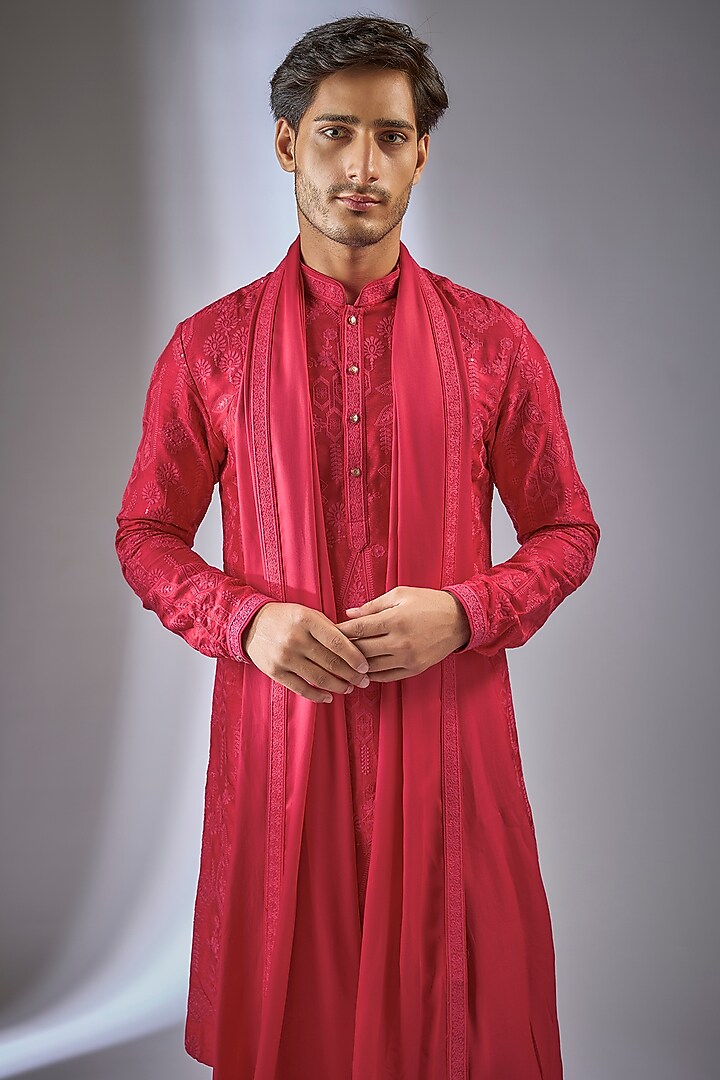 Red Dola Silk Sequins Embellished Kurta Set by SALIL BHATIA at Pernia's Pop Up Shop