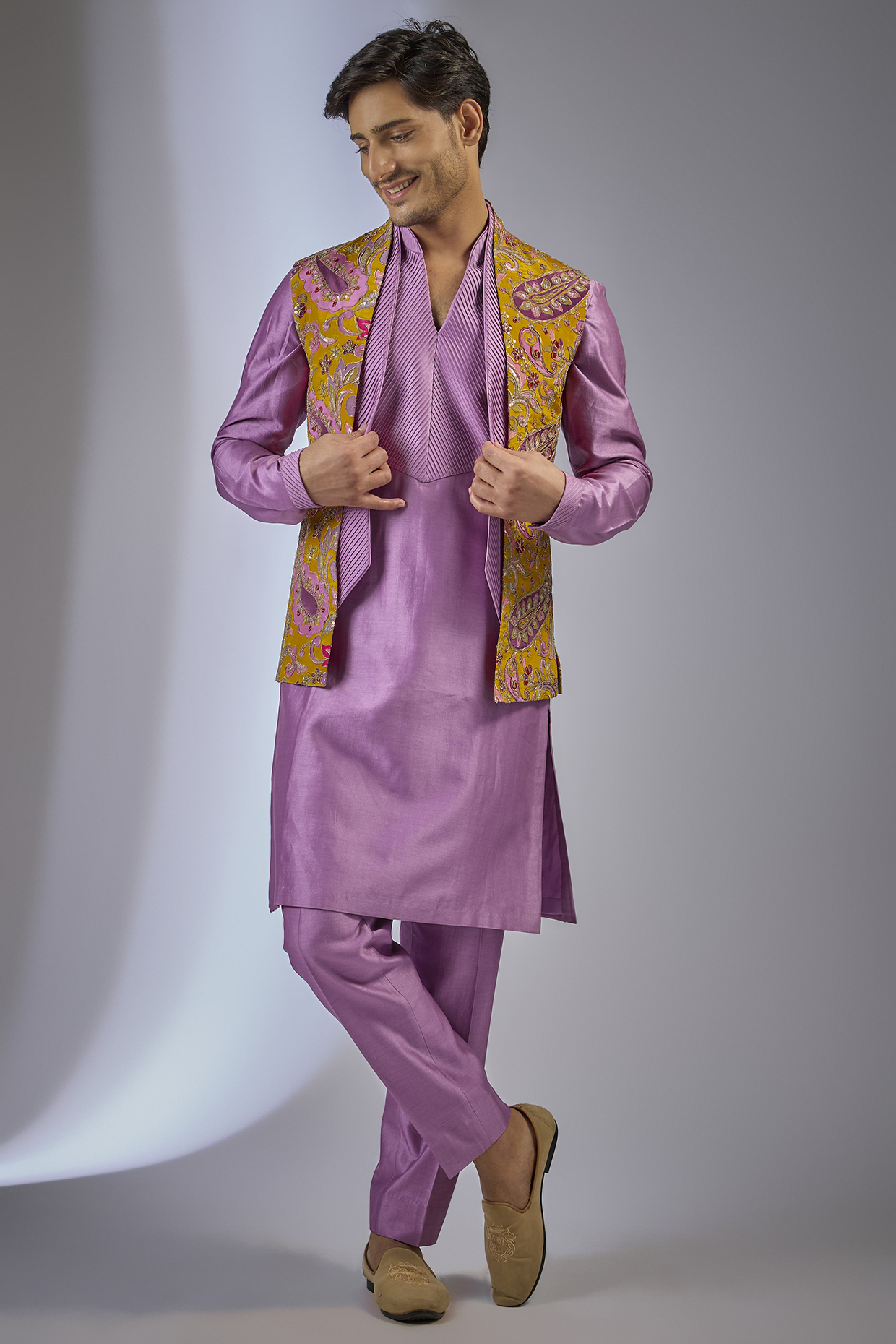 Purple Art Silk Floral Embroidered Indowestern Set by SALIL BHATIA