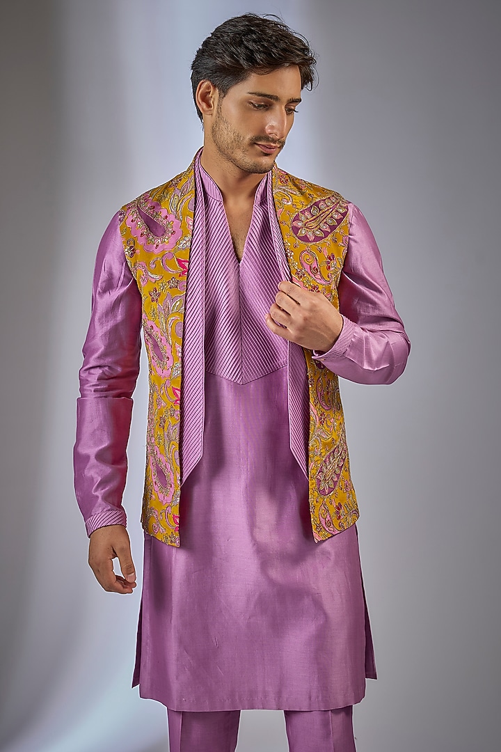 Purple Art Silk Floral Embroidered Wedding Indowestern Set by SALIL BHATIA at Pernia's Pop Up Shop