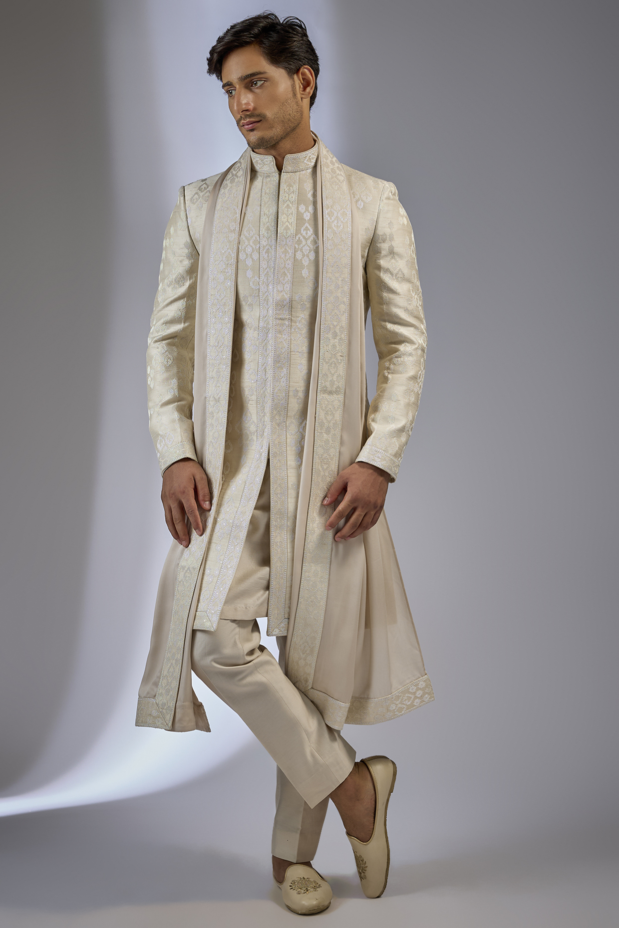 Ivory Raw Silk Sequins Embellished Sherwani Set by SALIL BHATIA