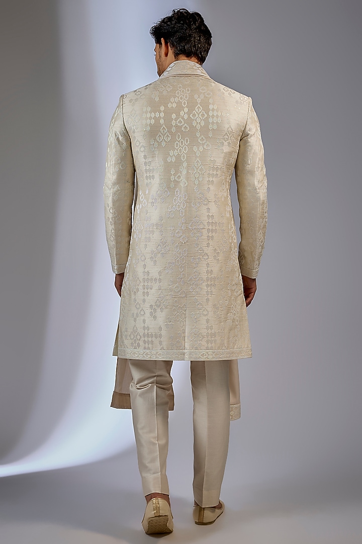 Ivory Raw Silk Sequins Embellished Groom Sherwani Set by SALIL BHATIA at Pernia's Pop Up Shop