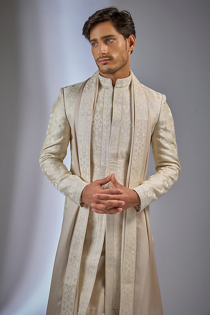 Ivory Raw Silk Sequins Embellished Groom Sherwani Set by SALIL BHATIA at Pernia's Pop Up Shop
