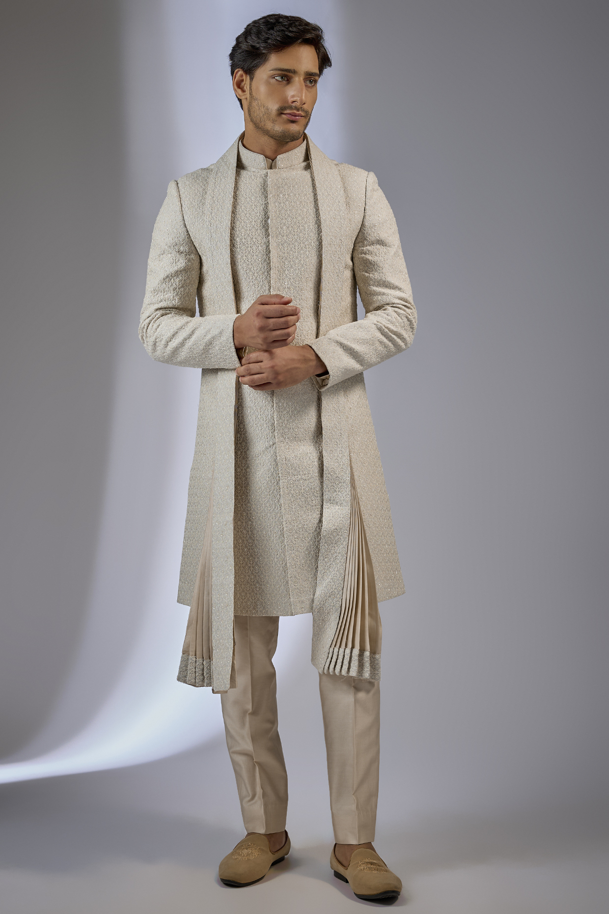 Ivory Silk Chanderi Sequins Embellished Sherwani Set by SALIL BHATIA