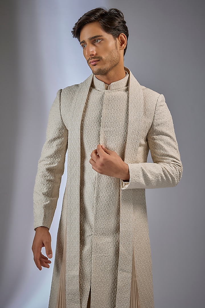 Ivory Silk Chanderi Sequins Embellished Groom Sherwani Set by SALIL BHATIA at Pernia's Pop Up Shop