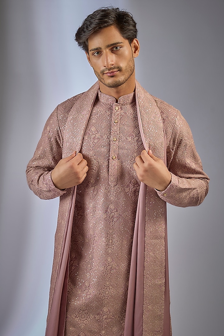 Red Dola Silk Sequins Embellished Kurta Set by SALIL BHATIA at Pernia's Pop Up Shop