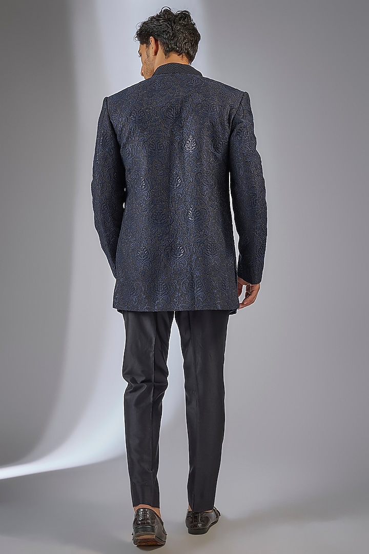 Dark Blue Dola Silk Sequins Embellished Wedding Indowestern Set by SALIL BHATIA at Pernia's Pop Up Shop