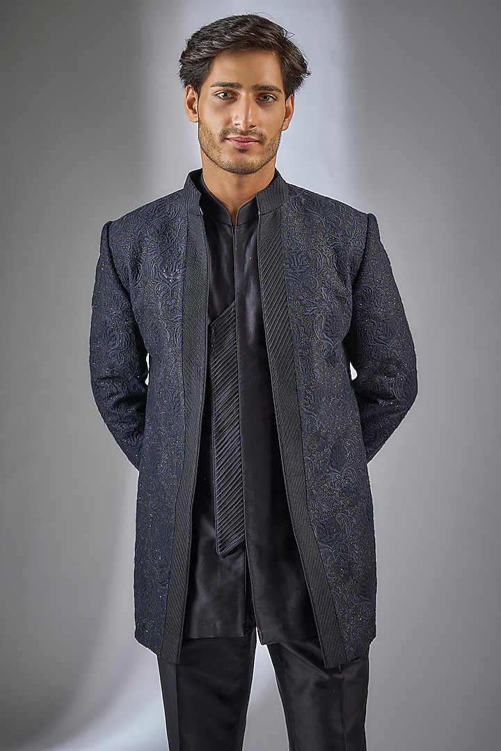 Dark Blue Dola Silk Sequins Embellished Wedding Indowestern Set by SALIL BHATIA at Pernia's Pop Up Shop