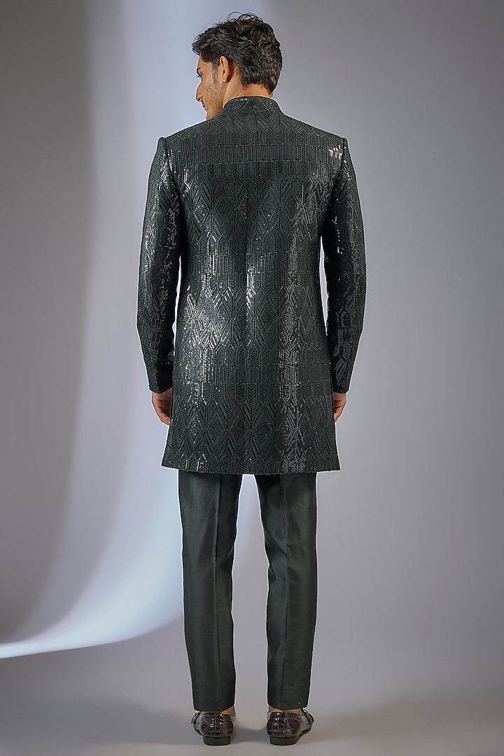 Dark Green Dola Silk Sequins Embellished Wedding Indowestern Set by SALIL BHATIA at Pernia's Pop Up Shop