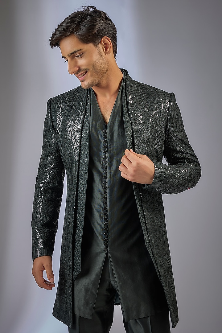 Dark Green Dola Silk Sequins Embellished Wedding Indowestern Set by SALIL BHATIA at Pernia's Pop Up Shop