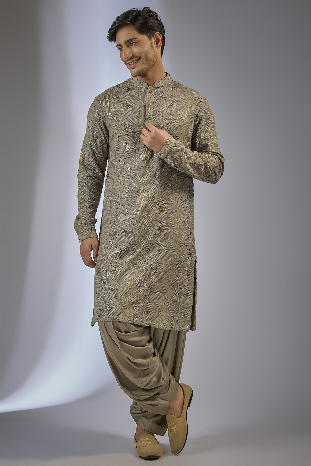 Taupe Georgette Sequins Embellished Kurta Set by SALIL BHATIA