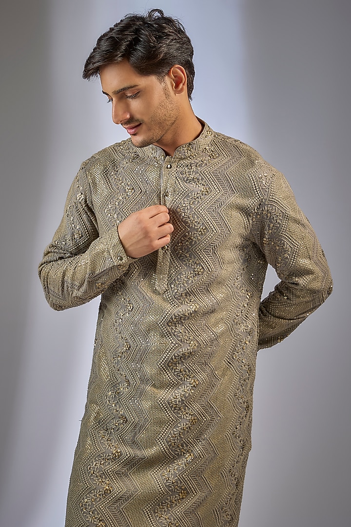 Taupe Georgette Sequins Embellished Kurta Set by SALIL BHATIA at Pernia's Pop Up Shop