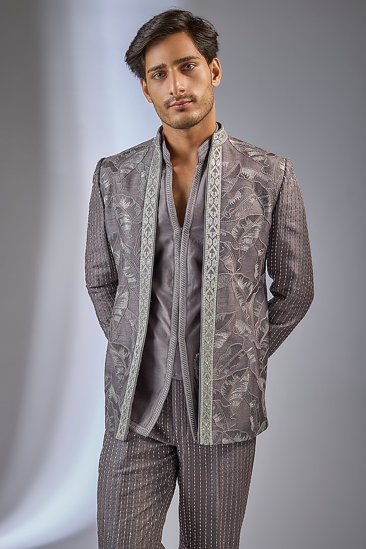 Charcoal Dola Silk Thread Embellished Wedding Indowestern Set by SALIL BHATIA at Pernia's Pop Up Shop