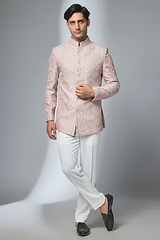 Dusty Pink Silk Chanderi Zari Embellished Bandhgala by SALIL BHATIA