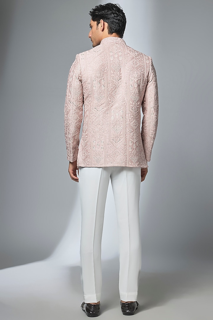 Dusty Pink Silk Chanderi Zari Embellished Wedding Bandhgala by SALIL BHATIA at Pernia's Pop Up Shop