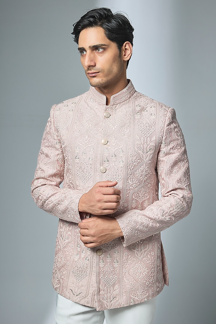 Dusty Pink Silk Chanderi Zari Embellished Wedding Bandhgala by SALIL BHATIA at Pernia's Pop Up Shop