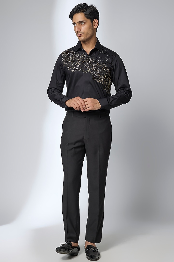 Black Premium Giza Cotton Cutdana Embroidered Party Wear Shirt by SALIL BHATIA at Pernia's Pop Up Shop