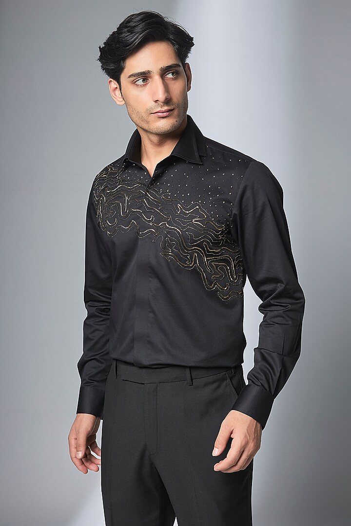 Black Premium Giza Cotton Cutdana Embroidered Party Wear Shirt by SALIL BHATIA at Pernia's Pop Up Shop