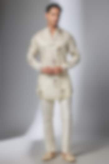 Ivory Tissue Thread Embroidered Kurta Set by SALIL BHATIA at Pernia's Pop Up Shop