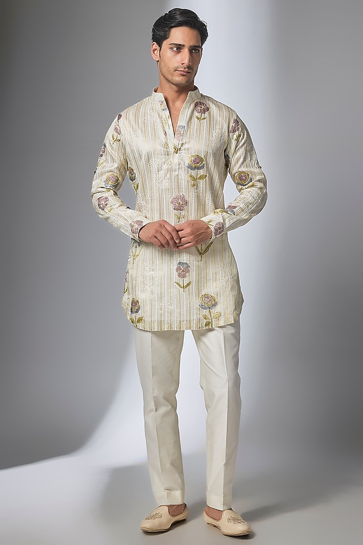 Ivory Tissue Thread Embroidered Kurta Set by SALIL BHATIA at Pernia's Pop Up Shop