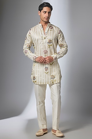 Ivory Tissue Thread Embroidered Kurta Set by SALIL BHATIA
