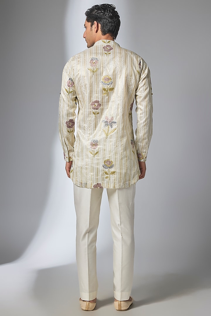 Ivory Tissue Thread Embroidered Kurta Set by SALIL BHATIA at Pernia's Pop Up Shop