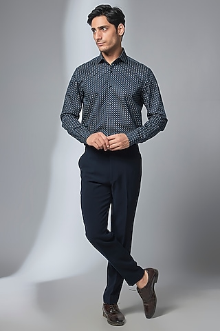 Blue Premium Giza Cotton Geometric Printed Shirt by SALIL BHATIA
