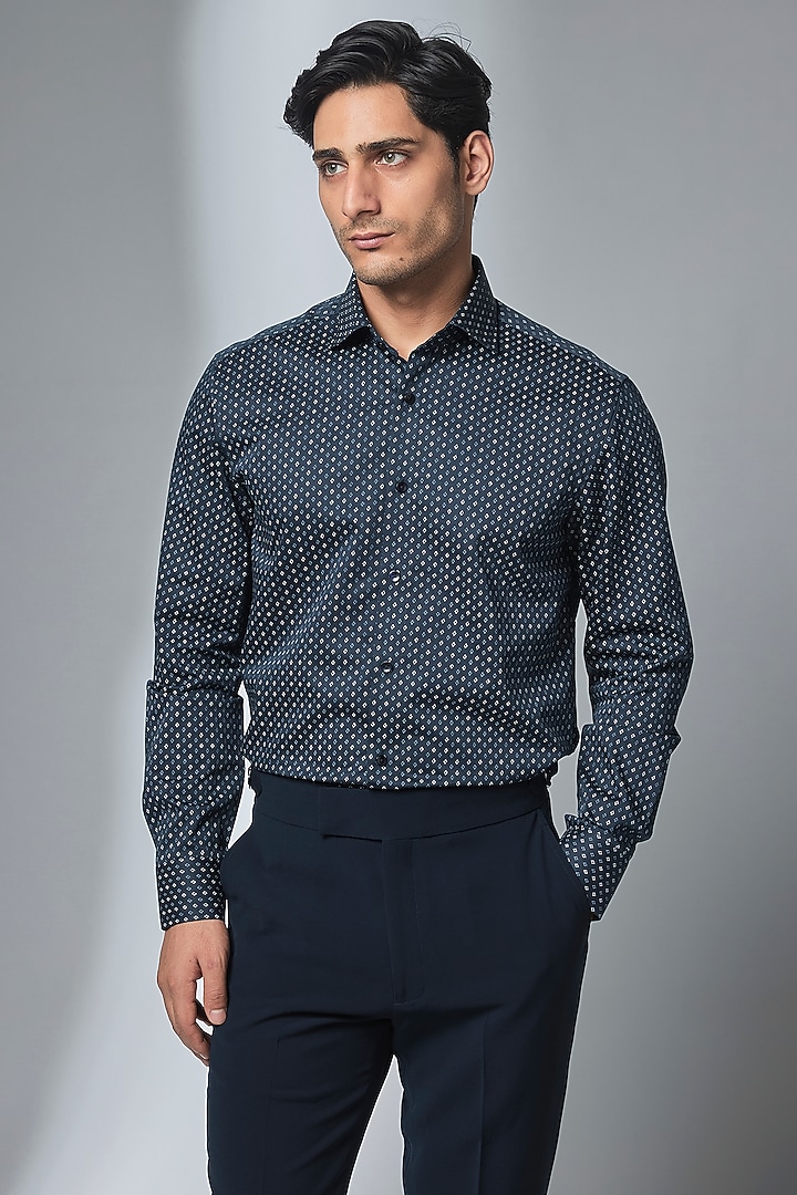 Blue Premium Giza Cotton Geometric Printed Party Wear Shirt by SALIL BHATIA at Pernia's Pop Up Shop